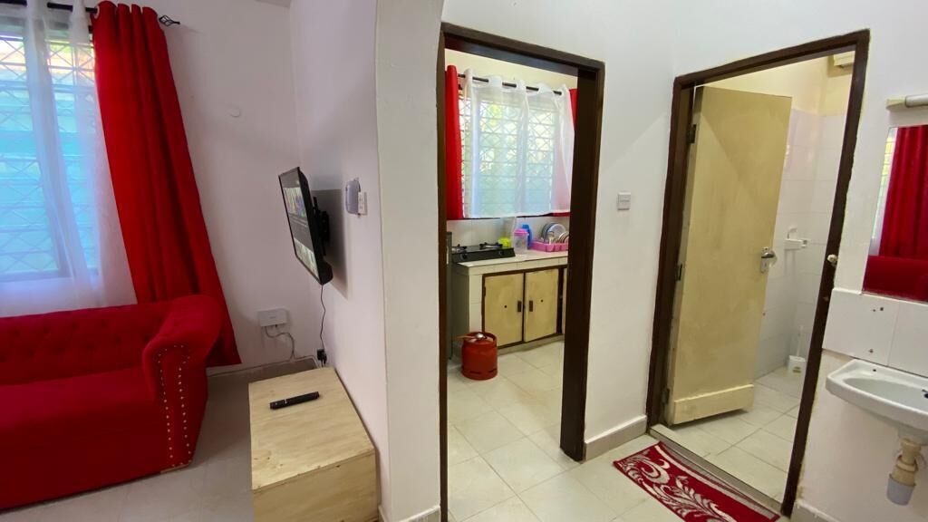 Um espaço compacto com sofá vermelho, televisão na parede, mesa lateral de madeira, área de cozinha com armários e um cilindro de gás vermelho, e banheiro com pia e espelho.