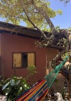 Uma cabana de madeira rústica com uma grande árvore que oferece sombra, uma rede e uma porta de madeira.