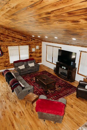 Smart TV, fireplace, foosball