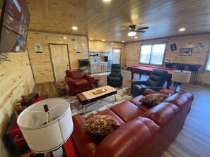 Smart TV, fireplace, foosball