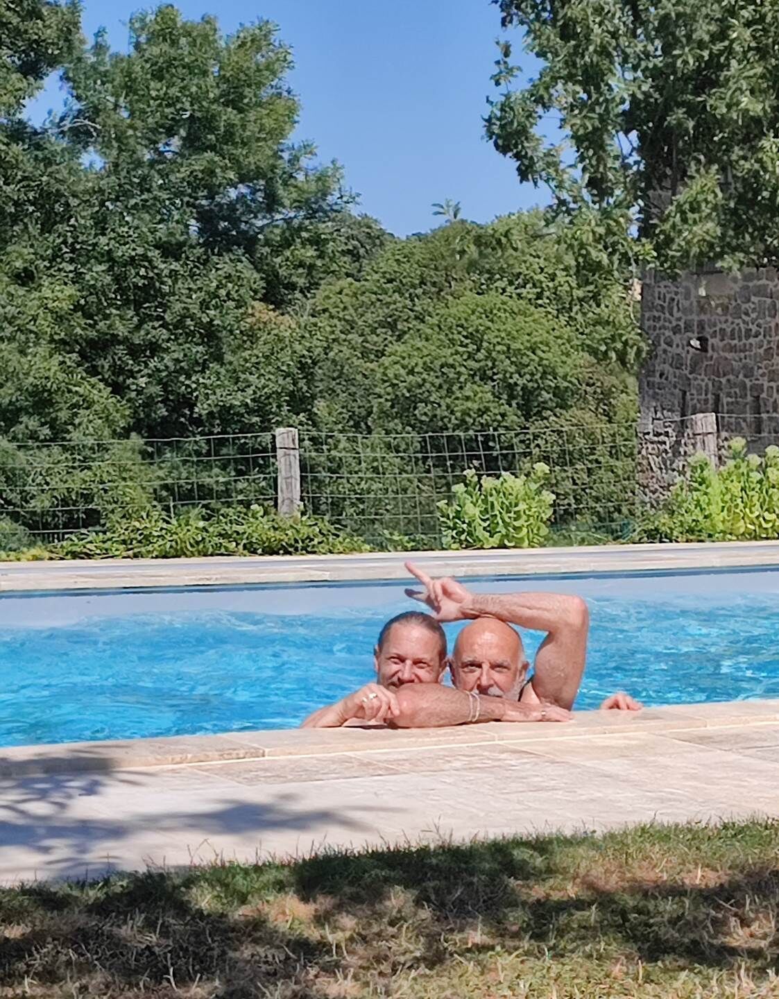 A swimming pool with a stone wall and greenery in the background.