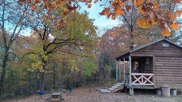 Un rustico chalet con veranda, immerso in un paesaggio autunnale.
