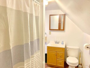 Hair dryer, towels, soap, shampoo