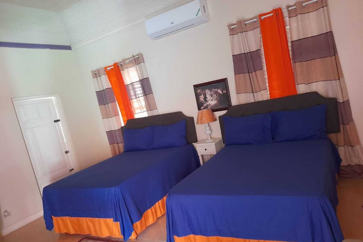 A bedroom with two beds, a nightstand, a lamp, an air conditioner, and a door.