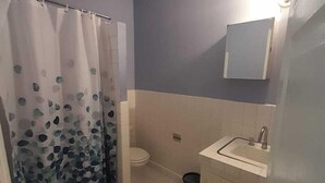 Une salle de bain équipée d’une douche, de toilettes, d’un lavabo et d’un miroir.