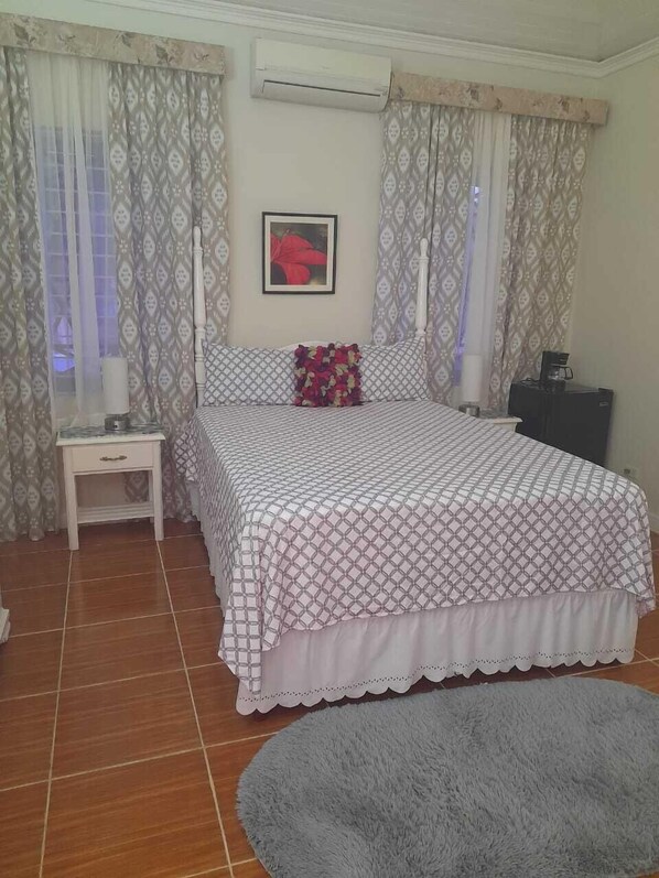 A bedroom with a bed, a nightstand, an air conditioner, a framed picture on the wall, and a grey rug. - Coriander Villa (Ocho Rios)