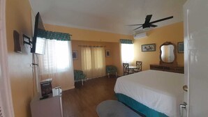 Une chambre d’hôtel équipée d’un lit, d’un bureau, d’une chaise, d’une télévision et d’un ventilateur de plafond.