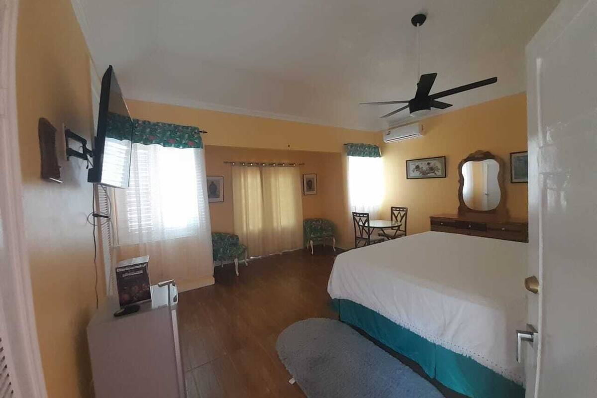 A hotel room with a bed, a desk, a chair, a television, and a ceiling fan.