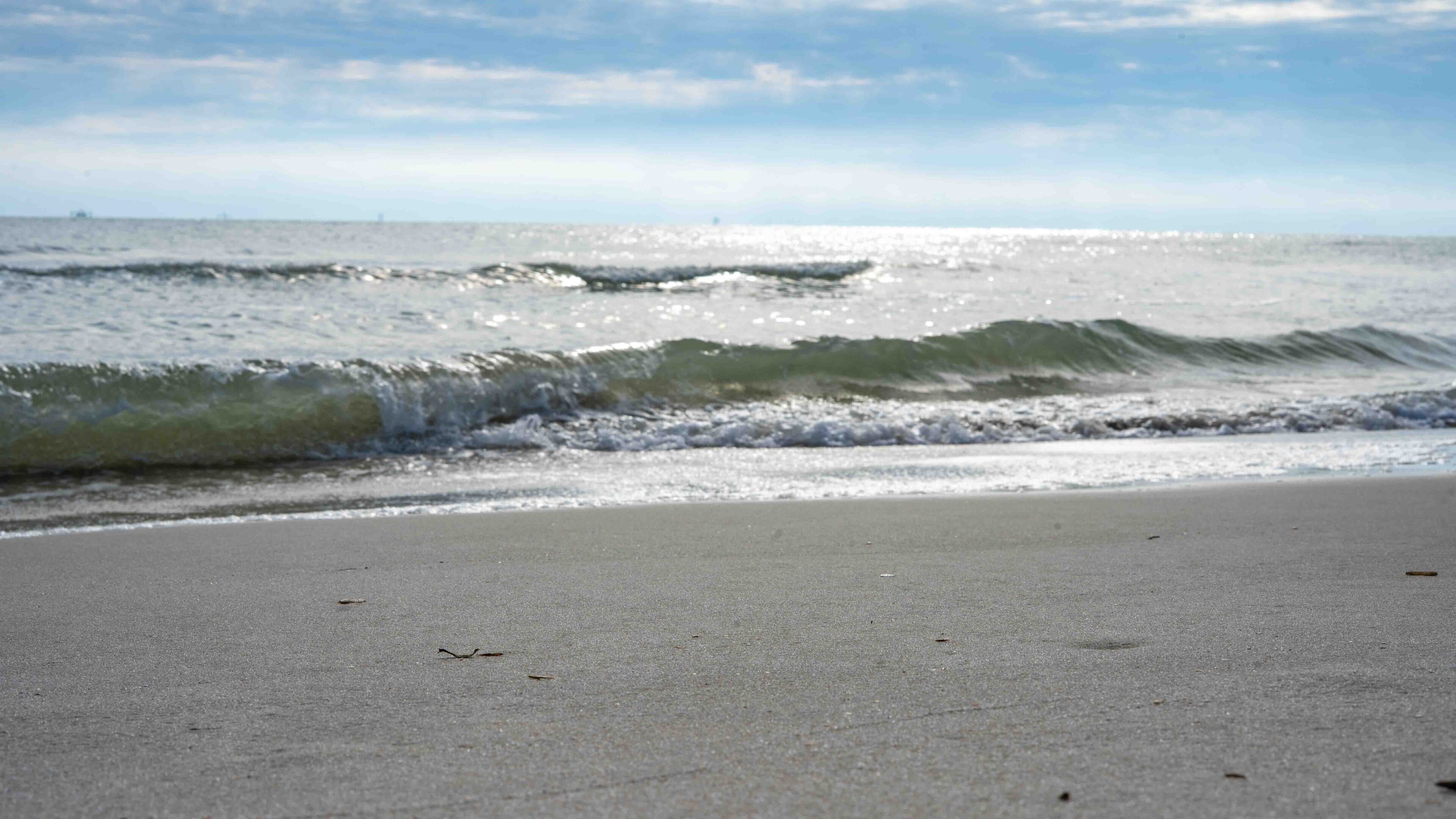 Una spiaggia con onde, cielo sereno e un orizzonte lontano.
