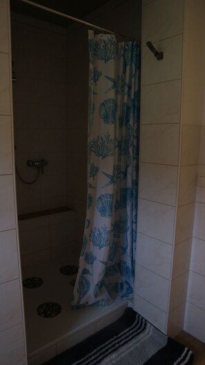 Douche, sèche-cheveux, serviettes fournies, savon