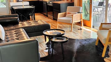 TV connectée, cheminée, lecteur de DVD, livres