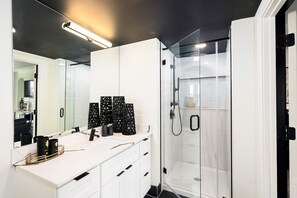 Chuveiro, secador de cabelo, toalhas de banho, sabonete
