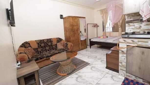 Een knus woongedeelte met een bank, een klein rond tafeltje, een kledingkast, een bed en een kitchenette.