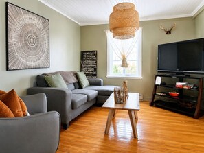 Smart TV, fireplace, books, stereo