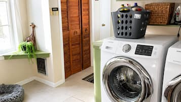 A laundry area with a front-loading washer and dryer, wooden doors, a green cabinet, and a small plant.