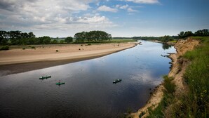 Une rivière avec trois canots verts, une berge sablonneuse et une rangée d’arbres sous un ciel partiellement nuageux.