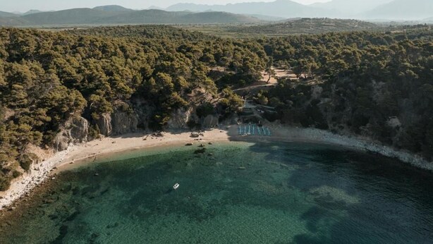 An aerial view of a coastal area with a beach, clear waters, and a forested landscape. - Trinity Design Suites (Parga)