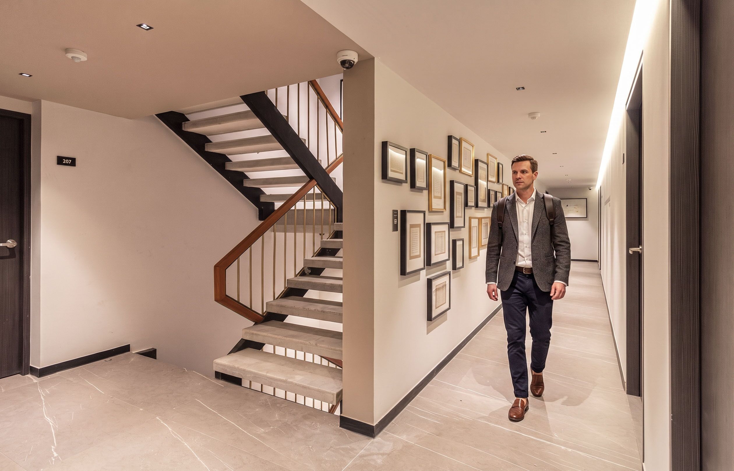 Un homme marche dans un couloir orné d’un escalier moderne et de tableaux encadrés accrochés aux murs.