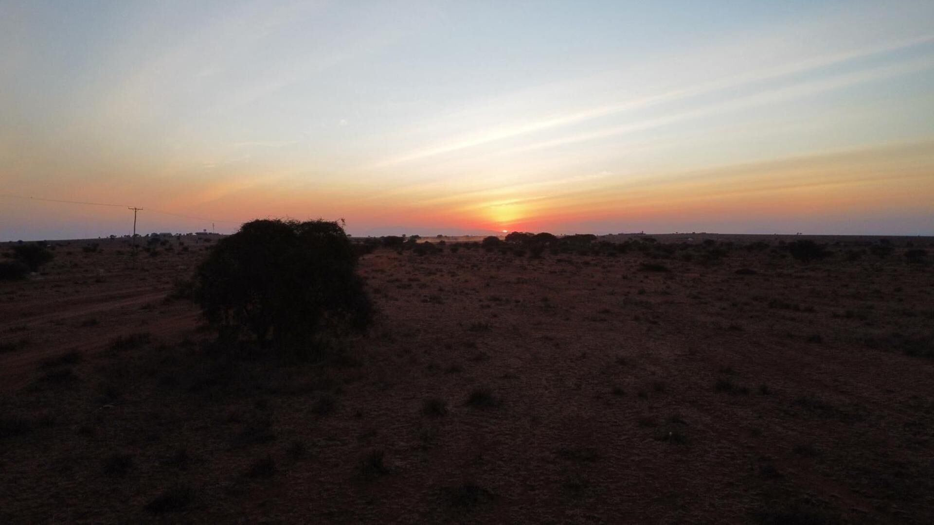 Paisaje desértico con vegetación escasa y una puesta de sol al fondo.