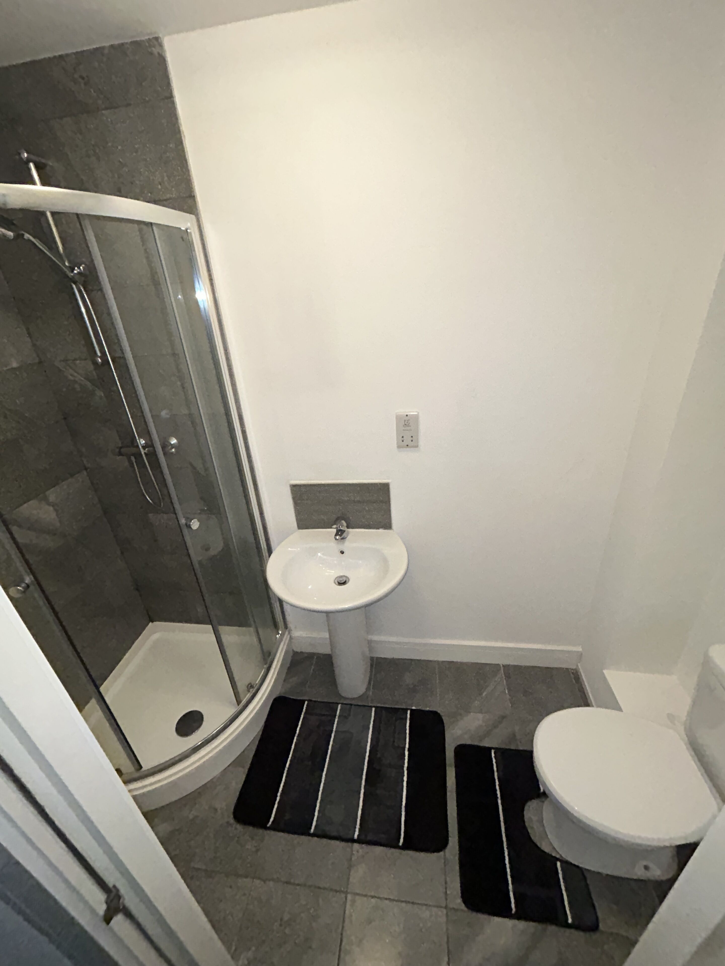 A bathroom with a glass-enclosed shower, a pedestal sink, and a toilet.