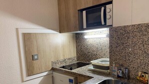 A compact kitchen with a built-in microwave, a stainless steel sink, and a compact refrigerator. - 200m from ski lifts, 2nd floor, balcony, tv, 26m², Brides Les Bains (Brides-les-Bains)