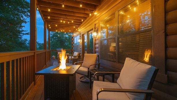A wooden deck with a fire feature, outdoor seating, and string lights.