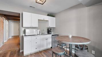 Fridge, microwave, coffee/tea maker, toaster