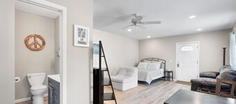 Private deck with hot tub and fire pit.