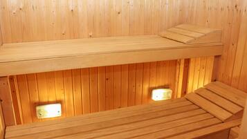 A wooden sauna with benches and a bench seat.