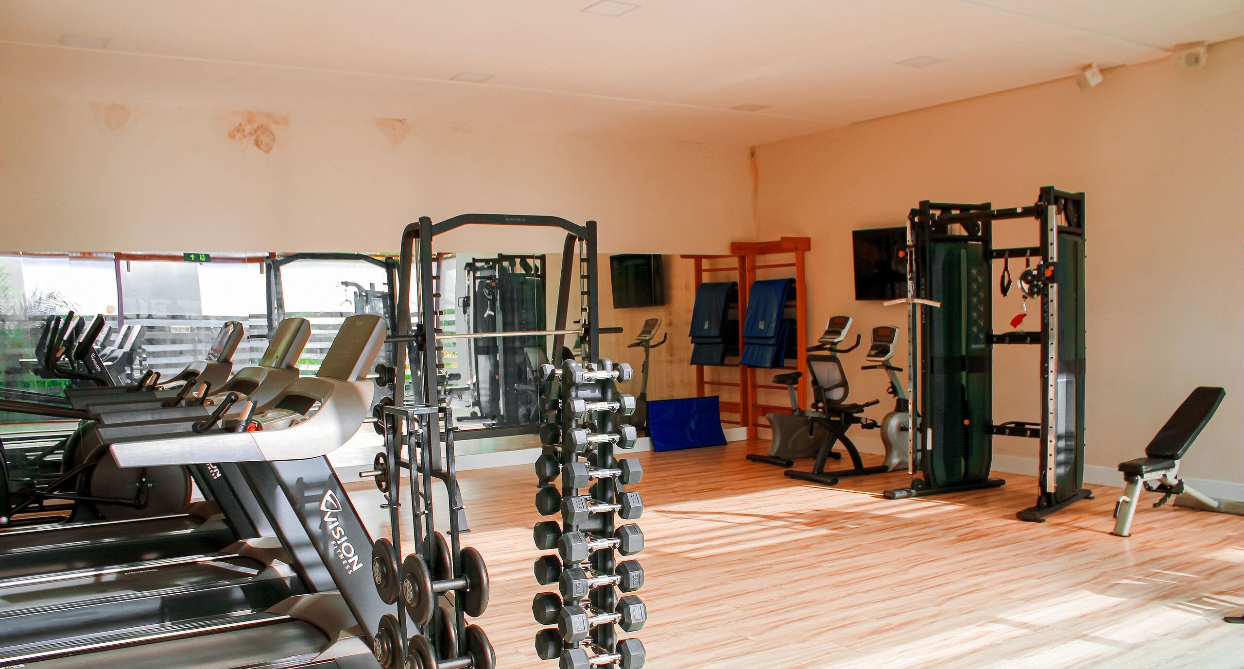 A gym with treadmills, weight machines, and free weights.