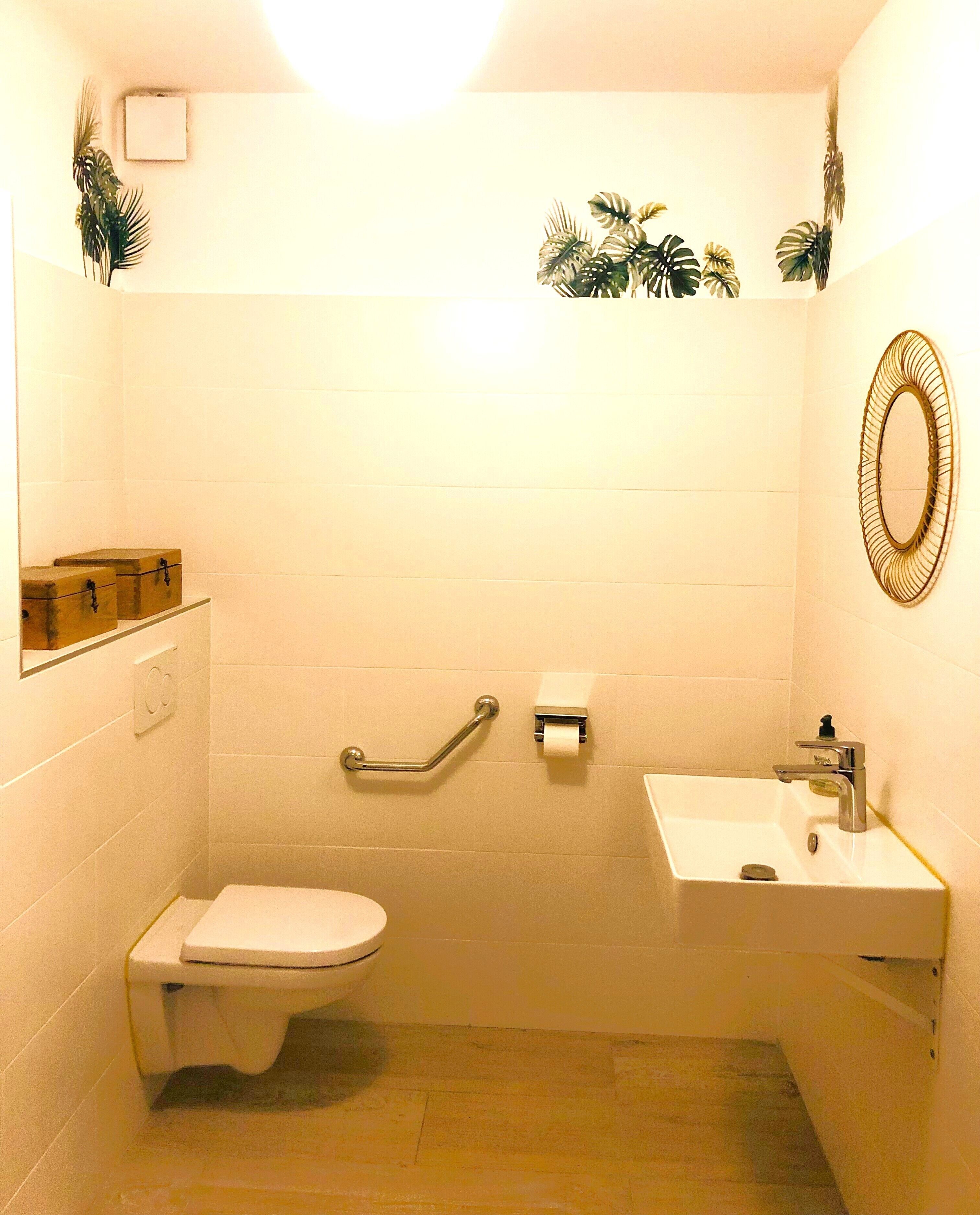 Un bagno piccolo e funzionale, con il water, un lavandino, uno specchio e una maniglia di sostegno.