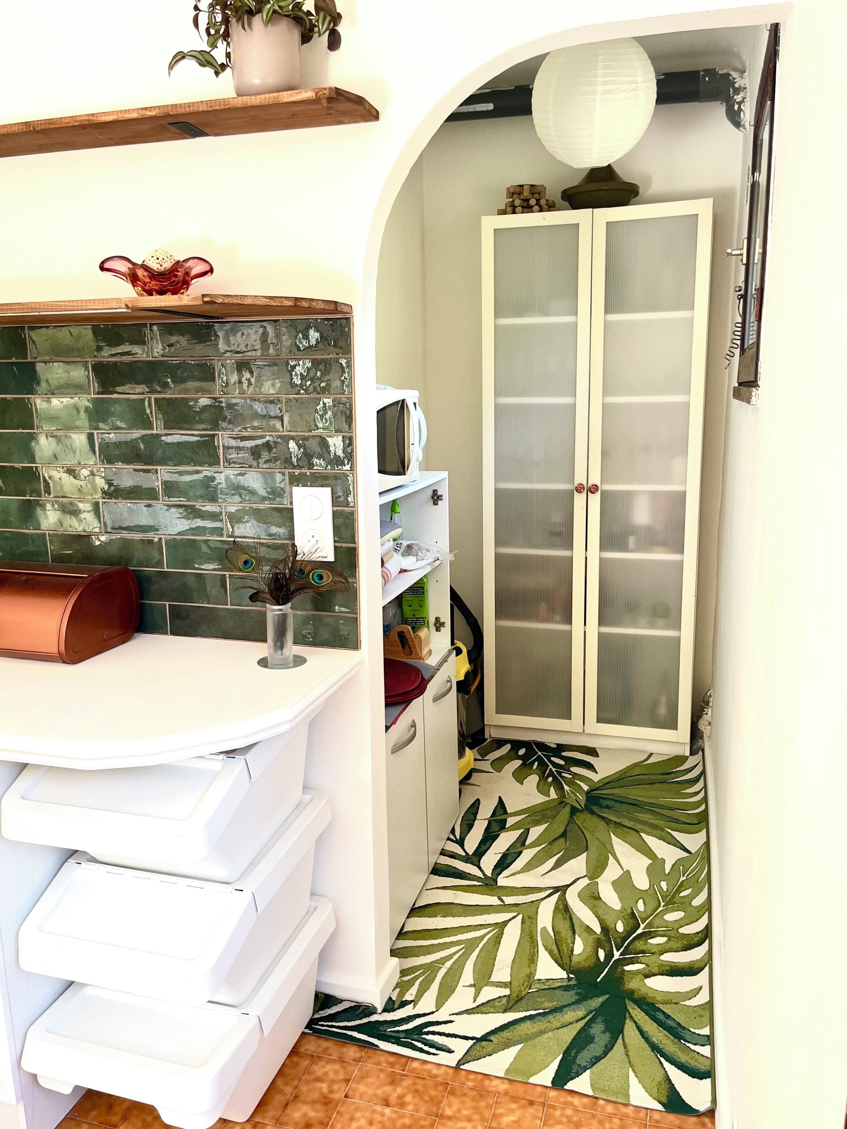 Une cuisine avec un plan de travail blanc, un dosseret de carreaux verts et un four à micro-ondes. On y trouve un meuble blanc avec une porte en verre et une plante posée sur le dessus.