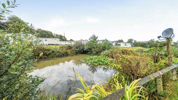 A serene outdoor setting with a pond, lush greenery, and mobile homes in the background.