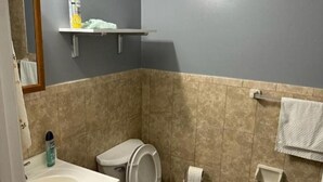 A bathroom with a toilet, sink, and mirror. There is a shelf above the toilet and a towel rack on the wall. - Glamour Room A Near EWR Aiport Penn Stat (Newark)