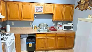Lemari es besar, microwave, oven, dan kompor