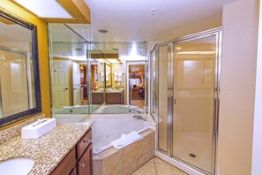 Shower, jetted tub, hair dryer, towels