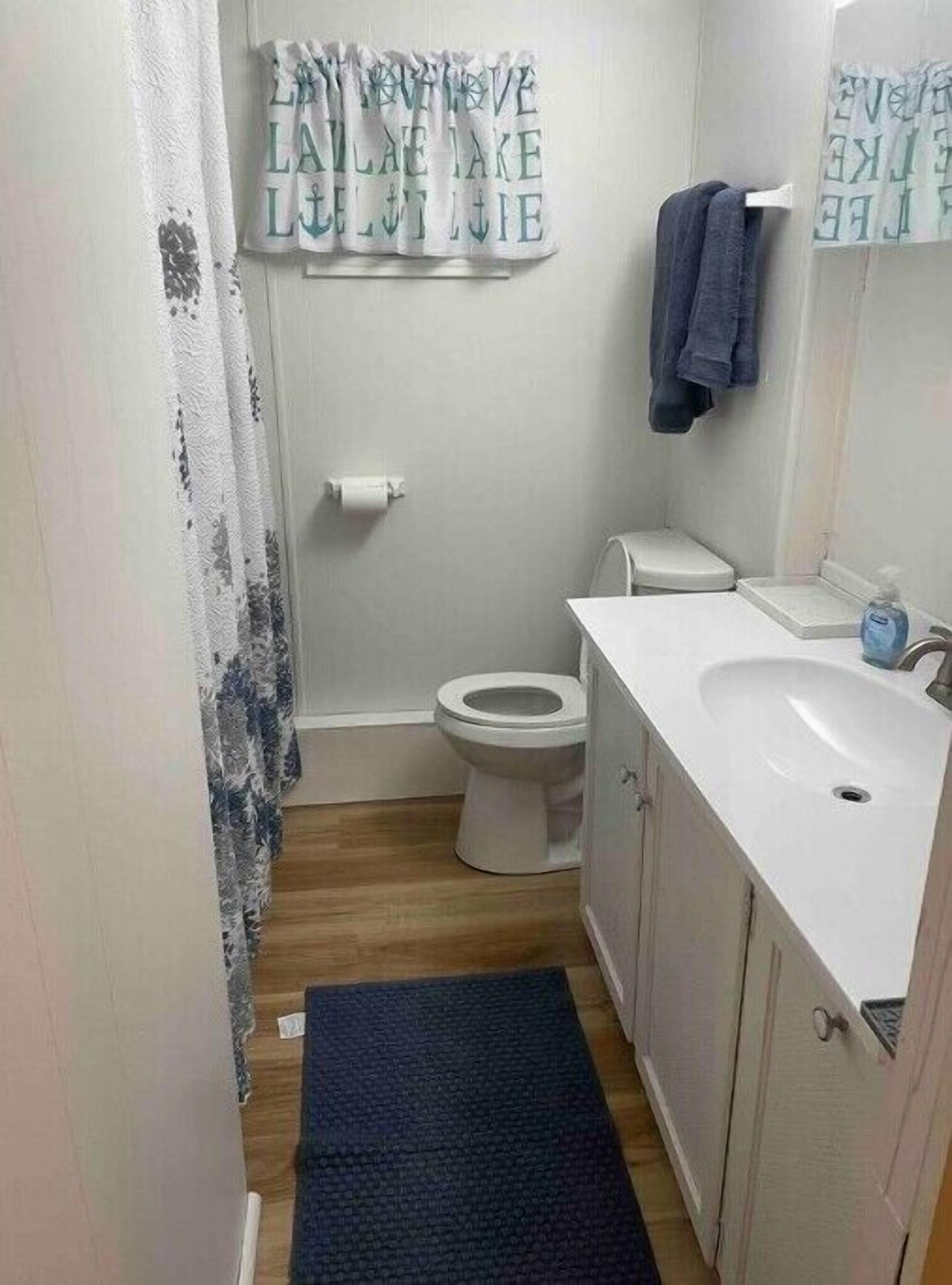 Un bagno piccolo e funzionale, con il water, lavandino e tenda della doccia.
