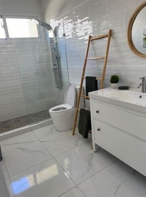 Shower, hair dryer, towels, soap