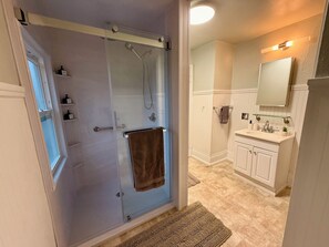 Hair dryer, towels, soap, shampoo