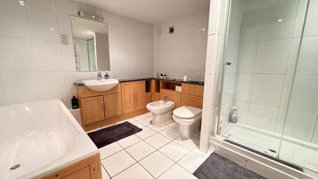 Shower, hair dryer, bidet, towels