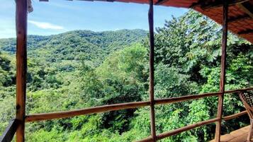 A wooden balcony with a view of a lush forested mountain.