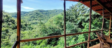A wooden balcony with a view of a lush forested mountain.