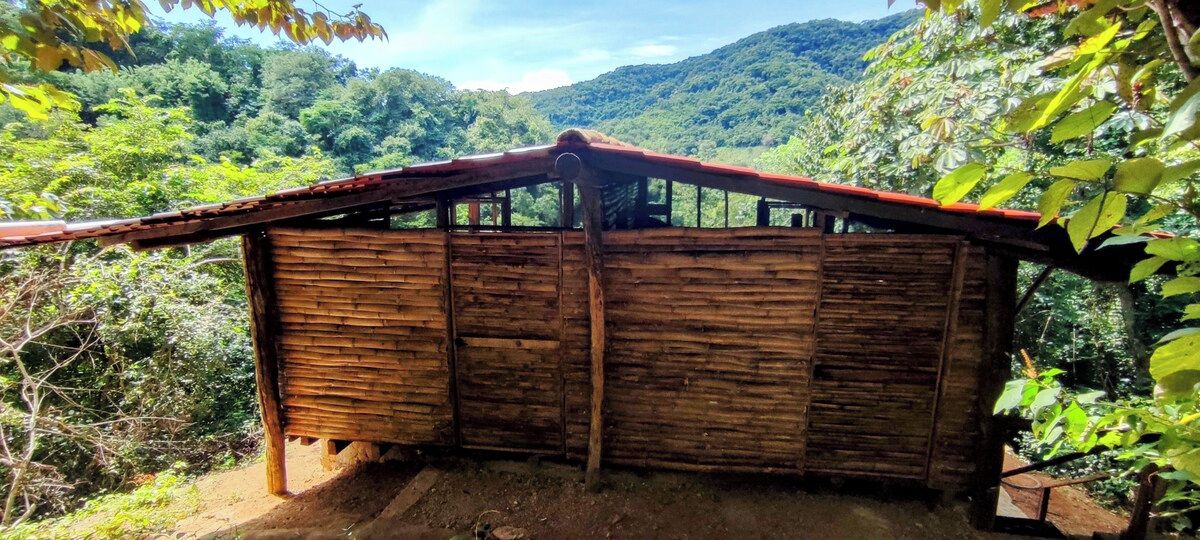Una estructura de madera rústica con techo inclinado, rodeada de vegetación densa y colinas al fondo.