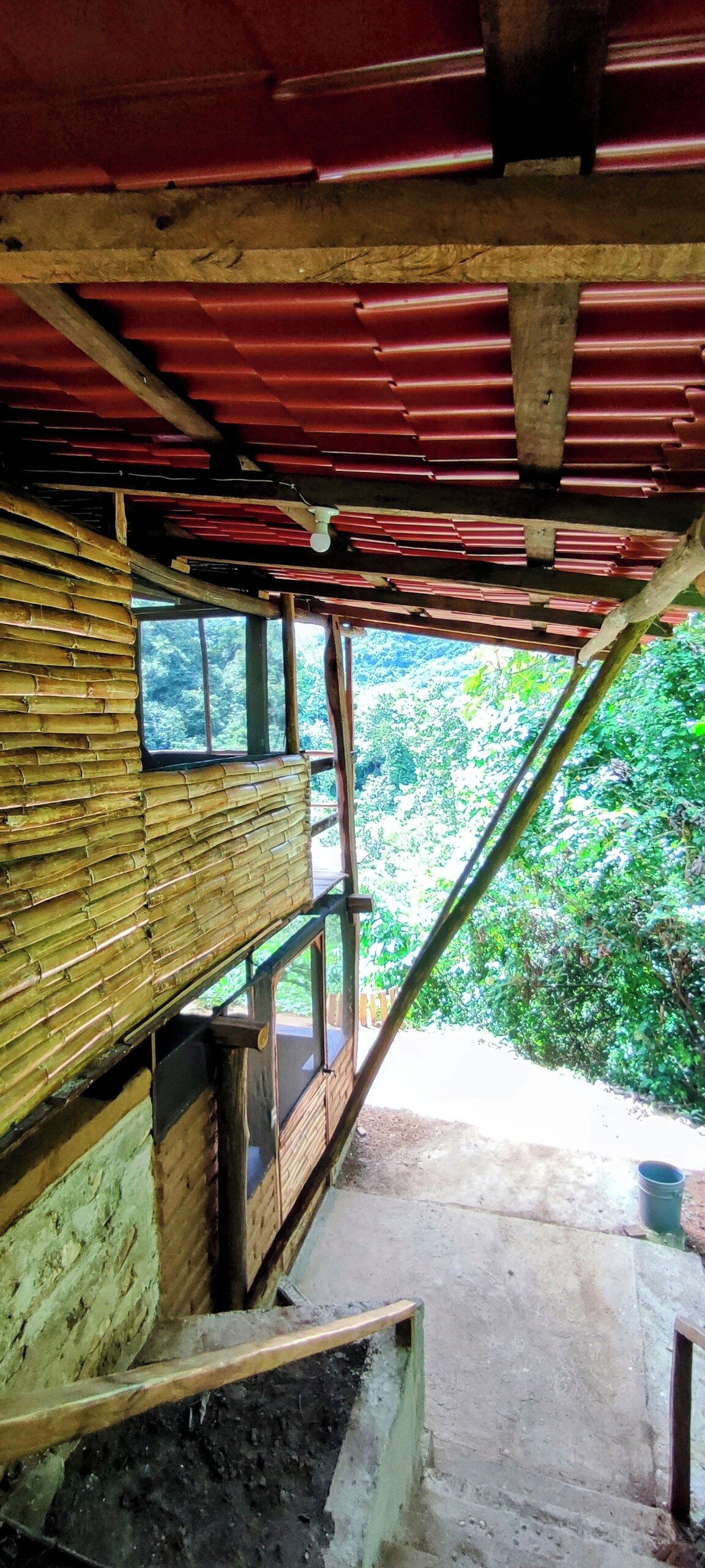 A rustic wooden structure with a red roof, bamboo walls, and a window overlooking a forested area.