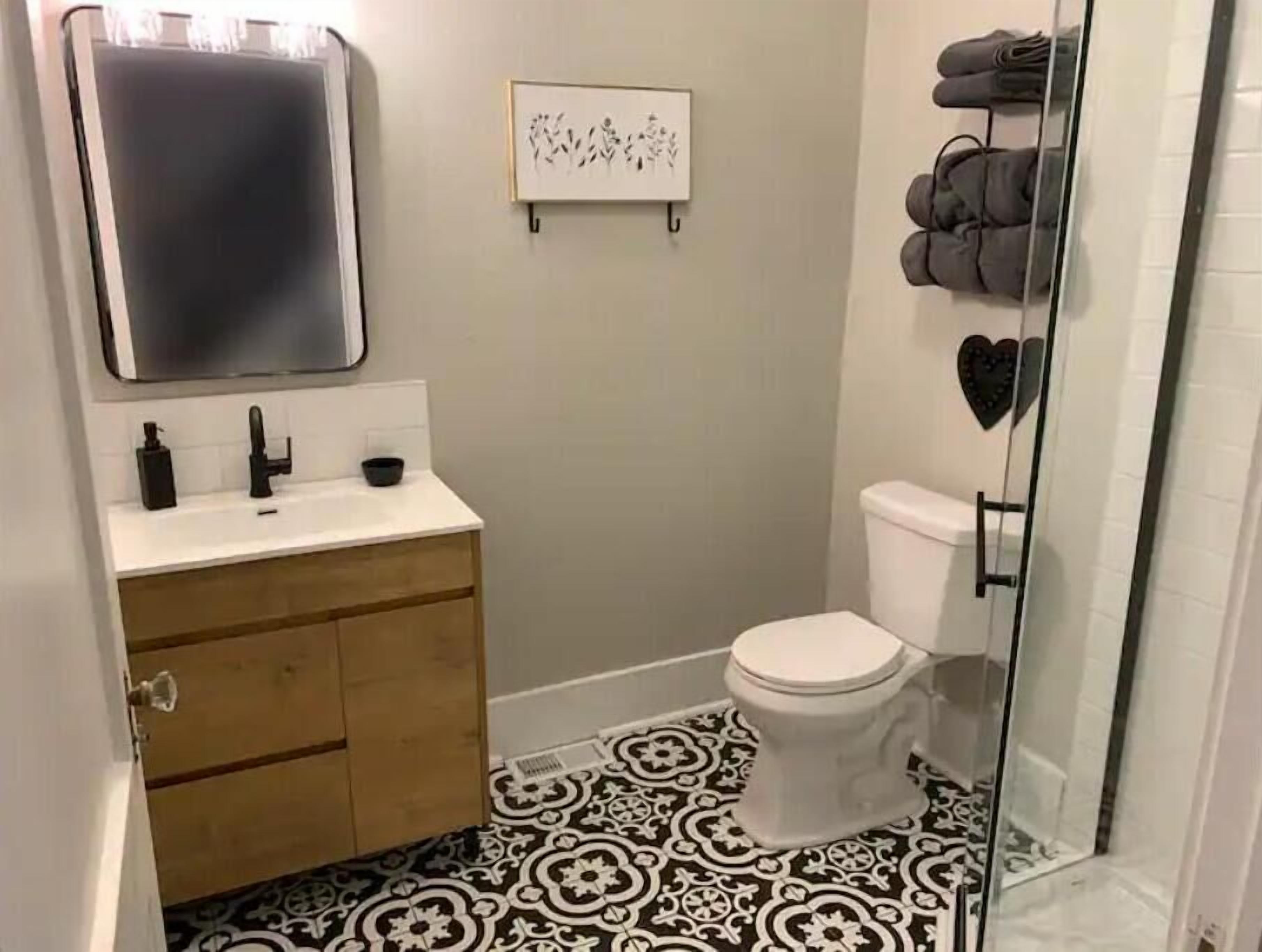 A bathroom with a white toilet, a sink with a mirror above it, a framed picture on the wall, and a patterned floor.