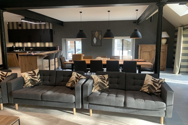 Smart TV, fireplace, foosball