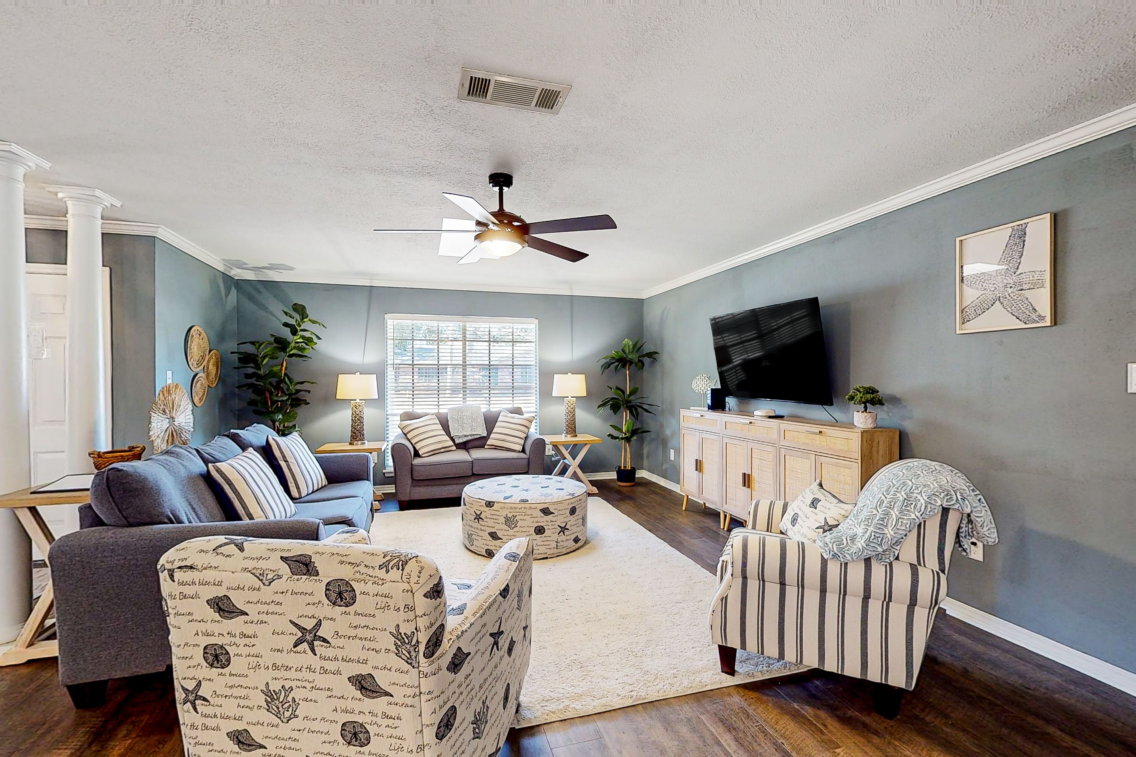 Tranquil coastal retreat with private pool, fireplace, & sunlit yard
