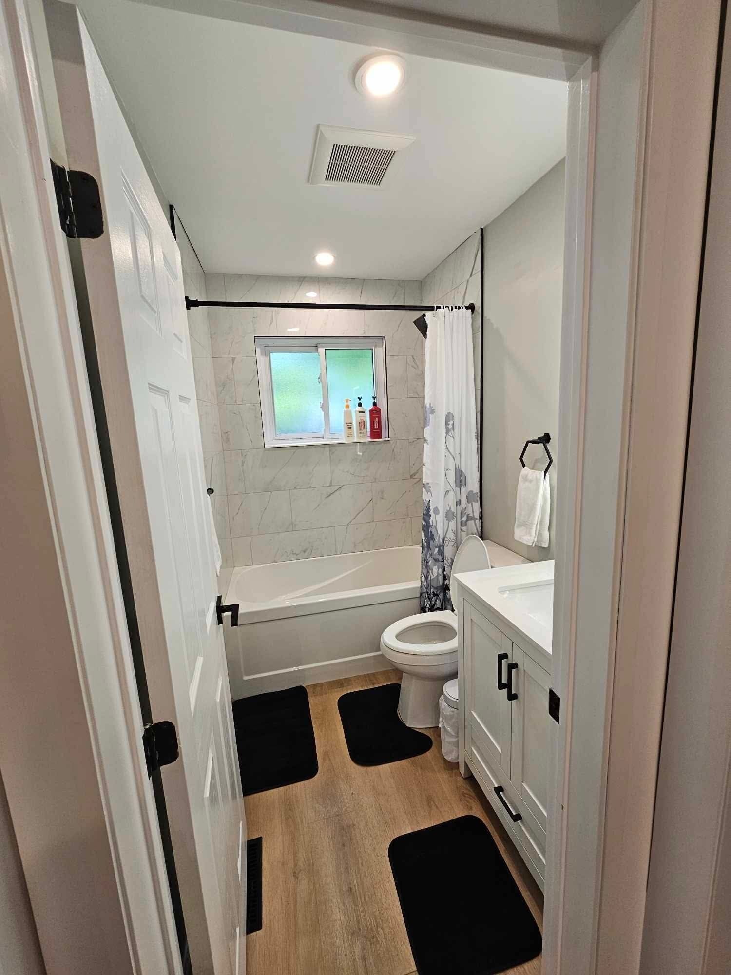 Hair dryer, towels, soap, shampoo
