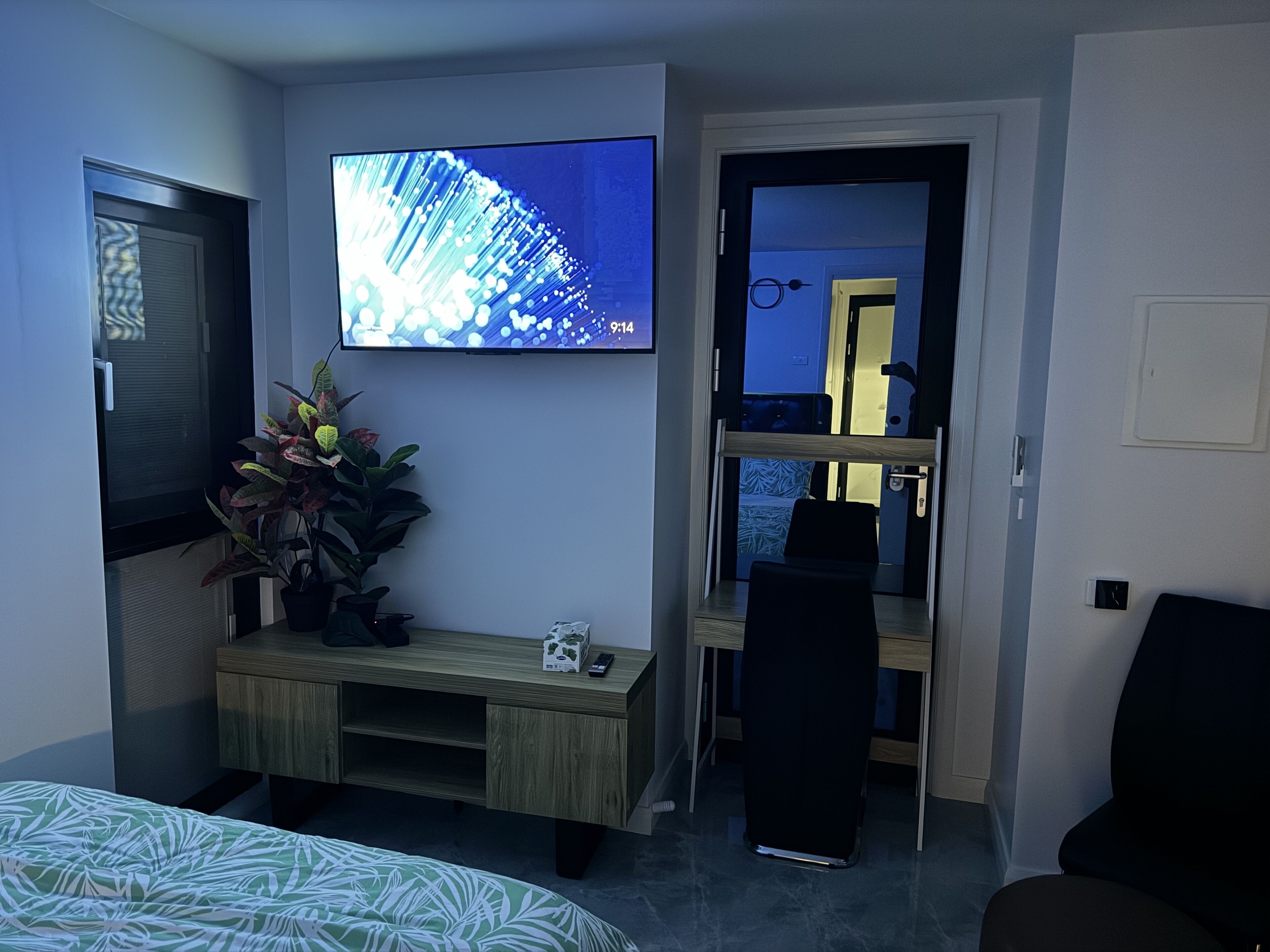 Un dormitorio con cama, televisor montado en la pared, escritorio de madera, planta en maceta y puerta que da a otra habitación.