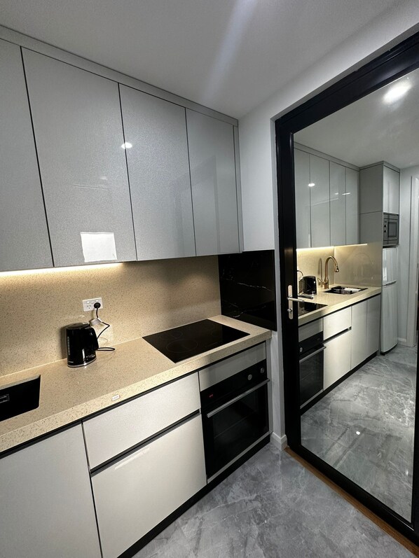 Frigorífico, microondas, horno y placa de cocina